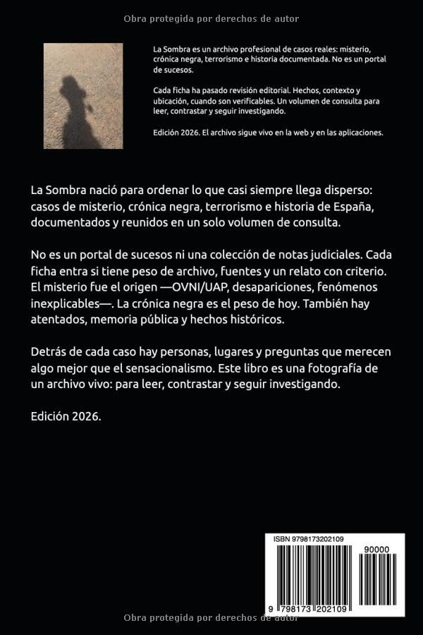 Contraportada de La Sombra — Casos, edición 2026